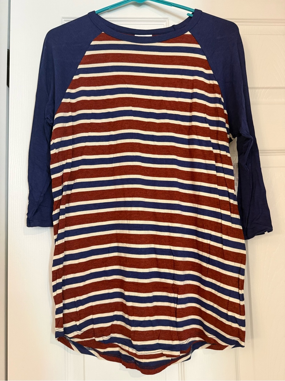 LuLaRoe Randy Women's Navy, Red & White Striped Raglan Top